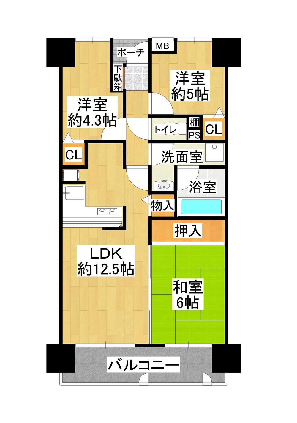 Floor plan. 3LDK, Price 14.9 million yen, Footprint 64.4 sq m , Balcony area 9.52 sq m