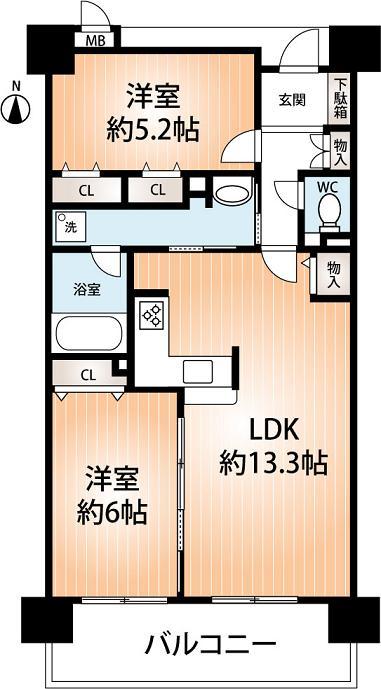 Floor plan. 2LDK, Price 15.8 million yen, Occupied area 56.54 sq m , Balcony area 9.9 sq m