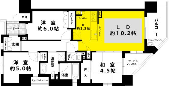 Floor plan. 3LDK, Price 26,800,000 yen, Occupied area 68.52 sq m , Balcony area 12.14 sq m service balcony