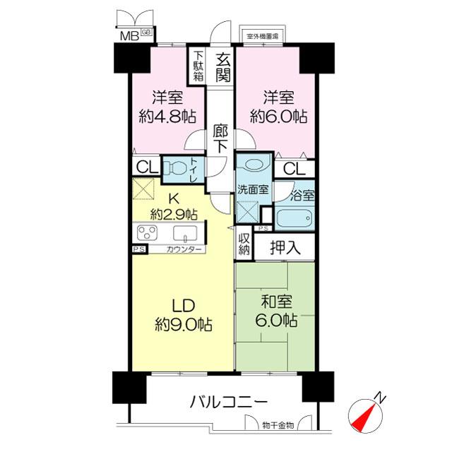 Floor plan. 3LDK, Price 17.8 million yen, Occupied area 62.54 sq m , Balcony area 10.72 sq m
