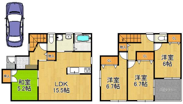 Floor plan. 26,800,000 yen, 4LDK, Land area 95.48 sq m , Building area 95.78 sq m parking with space, Housed plenty 4LDK