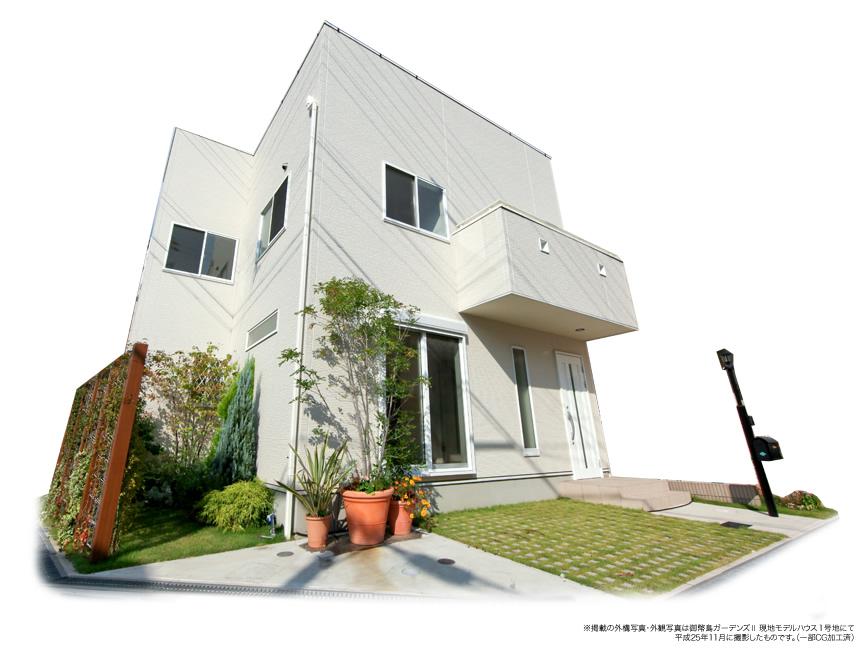 Local appearance photo. Playground and home garden of children, A house with a wide-to-use roof garden as a hobby of the place. Also you can enjoy such as a BBQ with your family. (Local No. 1 destination model house / 2013 November shooting)