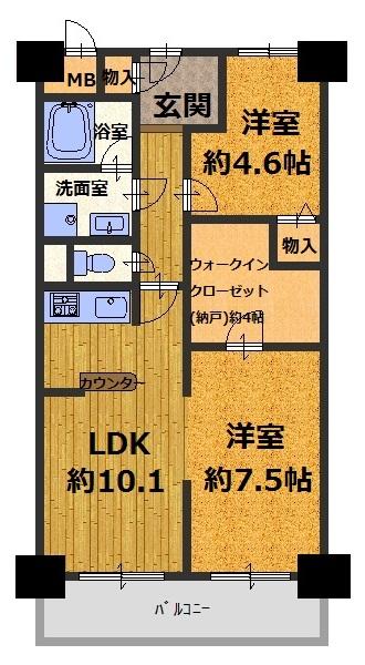 Floor plan. 2LDK, Price 10.7 million yen, Occupied area 57.68 sq m , Balcony area 7.28 sq m
