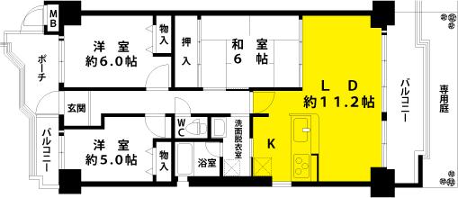 Floor plan. 3LDK, Price 8.8 million yen, Occupied area 69.72 sq m , Balcony area 11.32 sq m
