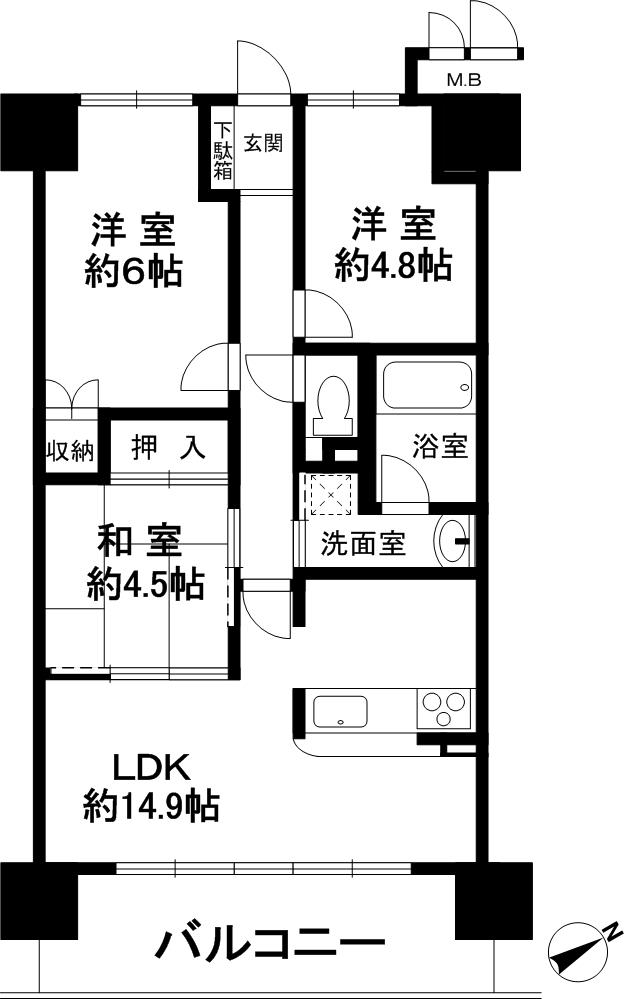 Floor plan. 3LDK, Price 16.5 million yen, Footprint 64.8 sq m , Balcony area 10.5 sq m footprint 64.80 sq m