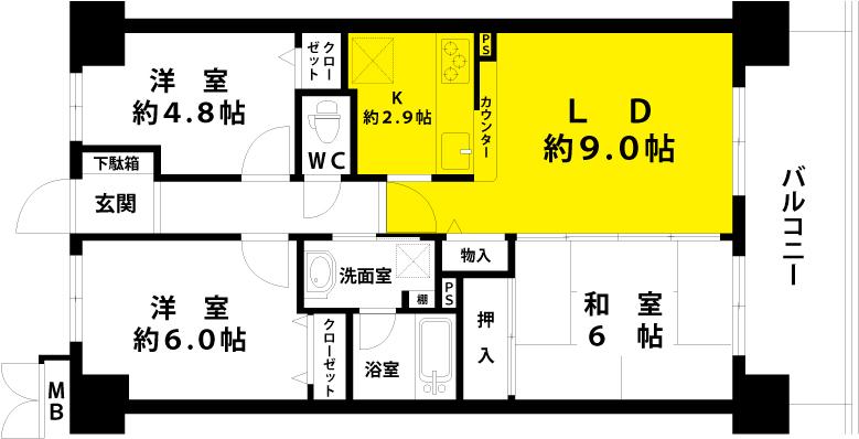 Floor plan. 3LDK, Price 17.8 million yen, Occupied area 62.54 sq m , Balcony area 11.21 sq m