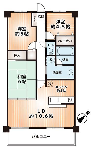 Floor plan. 3LDK, Price 16.6 million yen, Footprint 63.6 sq m , Balcony area 10.91 sq m