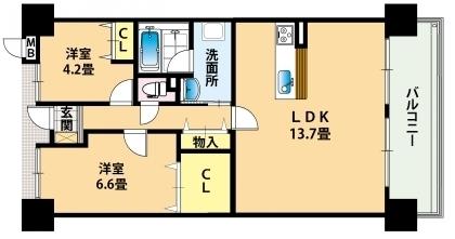 Floor plan. 2LDK, Price 14.5 million yen, Occupied area 60.82 sq m , Balcony area 10.62 sq m
