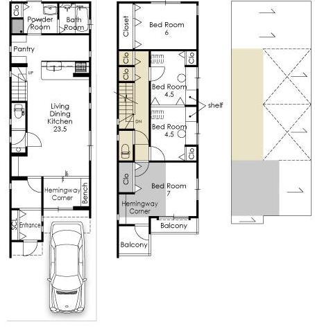 Floor plan. In the inner balcony, Or eat the whole family, Or read a book, Many things you can enjoy while feeling the nature of light and wind in the city. Residential space where the whole family is thrilled.