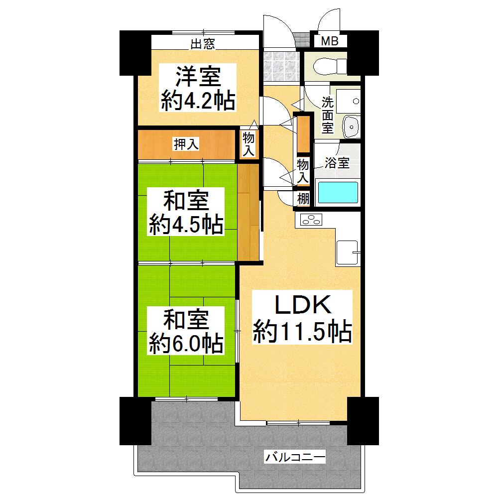 Floor plan. 3LDK, Price 9.9 million yen, Occupied area 57.45 sq m , Balcony area 11.34 sq m