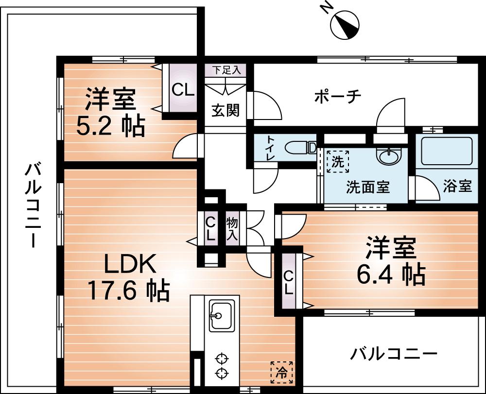 Floor plan. 2LDK, Price 24,300,000 yen, Occupied area 66.17 sq m , Balcony area 29.29 sq m