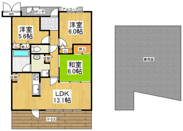 Floor plan. 3LDK, Price 19.5 million yen, Footprint 64.1 sq m , Balcony area 13.3 sq m