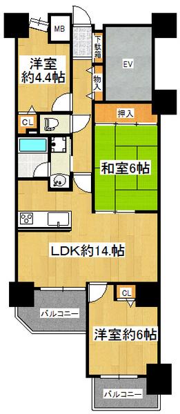 Floor plan. 3LDK, Price 16.3 million yen, Occupied area 66.27 sq m , Balcony area 8.48 sq m