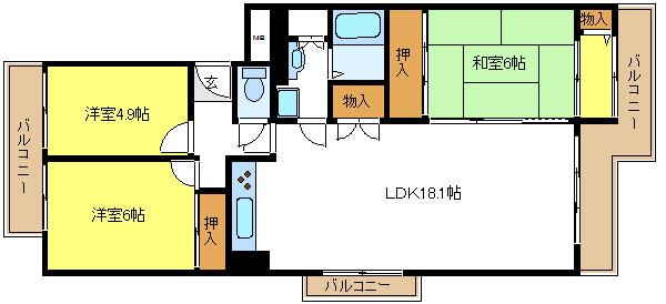 Floor plan. 3LDK, Price 13.8 million yen, Occupied area 80.15 sq m , Lighting is good on the balcony area 15.36 sq m 3 sided balcony