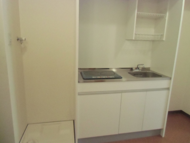 Kitchen. Two-burner stove ・ Indoor Laundry Storage ・ Fridge Storage