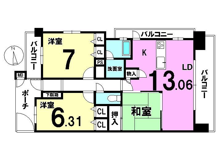 Floor plan. 3LDK, Price 24,800,000 yen, Occupied area 72.73 sq m , Balcony area 21.17 sq m