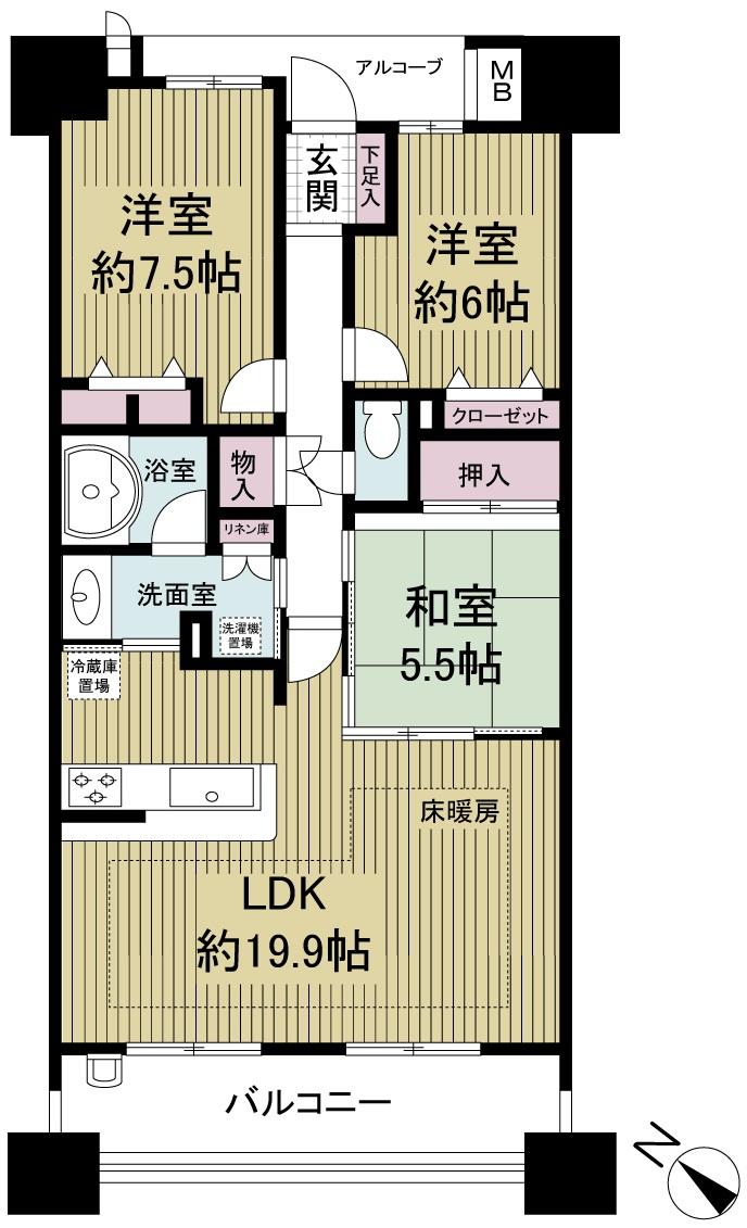 Floor plan. 3LDK, Price 27,900,000 yen, Occupied area 85.44 sq m , Balcony area 11.9 sq m