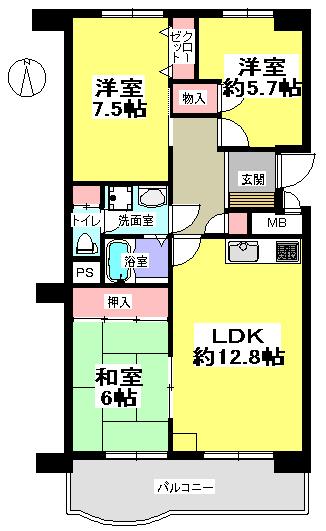Floor plan. 3LDK, Price 12.8 million yen, Footprint 72.2 sq m , Balcony area 10.35 sq m