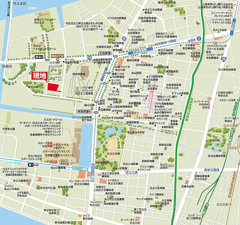 Local guide map. Holiday spent with family in the lush park of a 1-minute walk, Commute ・ A straight line at the time of commuting to the city by using the Yotsubashi or Midosuji. (Local guide map)
