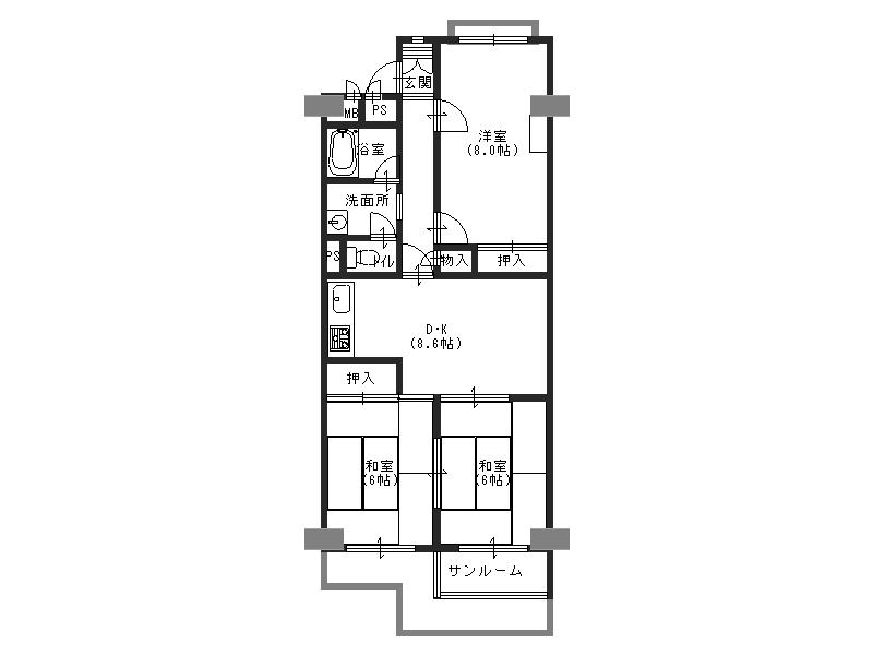 Floor plan. 3LDK, Price 11 million yen, Occupied area 66.03 sq m , Balcony area 7.44 sq m