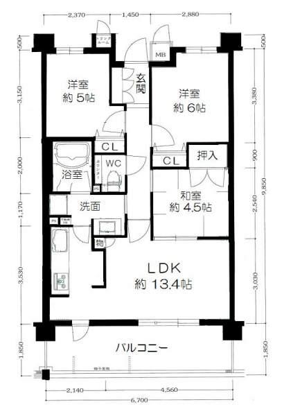 Floor plan. 3LDK, Price 21,800,000 yen, Occupied area 65.29 sq m , Balcony area 12.39 sq m