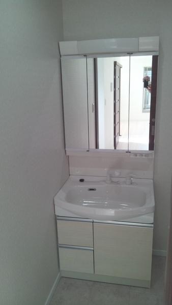 Wash basin, toilet. Vanity triple mirror type