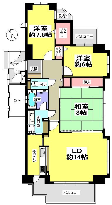 Floor plan. 3LDK, Price 19,800,000 yen, Footprint 95 sq m , Balcony area 14.36 sq m