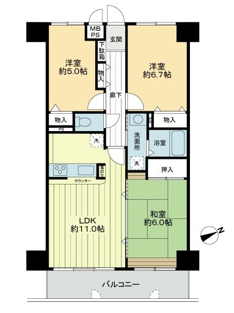 Floor plan. 3LDK, Price 17.8 million yen, Occupied area 69.93 sq m , Balcony area 8.82 sq m