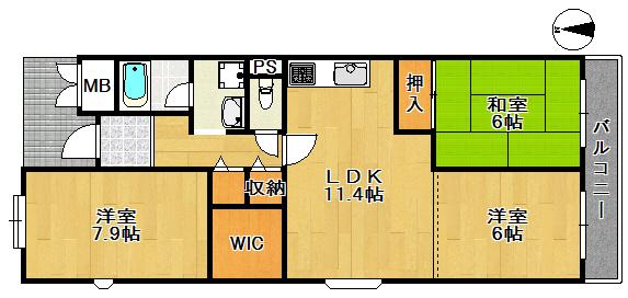Floor plan. 3LDK, Price 13,900,000 yen, Occupied area 74.02 sq m , Balcony area 6.84 sq m easy-to-use floor plan.