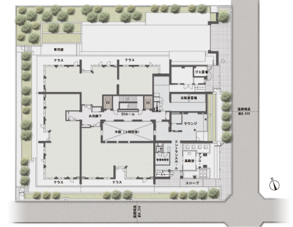 Features of the building.  [Land Plan] Site area 1800 sq m more than, Large shaping site of the southeast corner lot. Lush trees decorate the grounds around, Alternatively, the Enlightenment colorful autumn leaves autumn of taste, Such as the dainty flowers and trees that tell the arrival of the season, A wide variety of trees, As it can be felt in the five senses of nature transitory, To calculate the movement of the heart and line of sight have been planted (site layout)