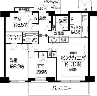 Floor plan. 3LDK, Price 33,800,000 yen, Occupied area 85.23 sq m , Balcony area 9.88 sq m walk-in closet, Also enhance storage in the trunk room with