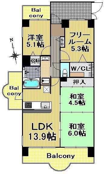 Floor plan. 4LDK, Price 13.5 million yen, Footprint 75.9 sq m , Balcony area 15.79 sq m "Taisho-ku, ・ 3 sided balcony of buying and selling "spacious 4LDK