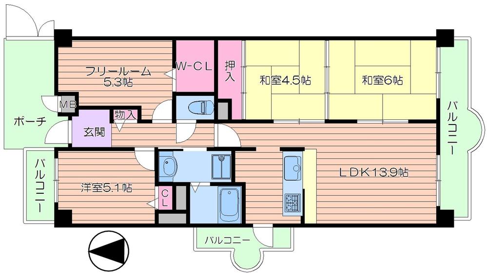 Floor plan. 4LDK, Price 13.5 million yen, Footprint 75.9 sq m , Balcony area 15.79 sq m