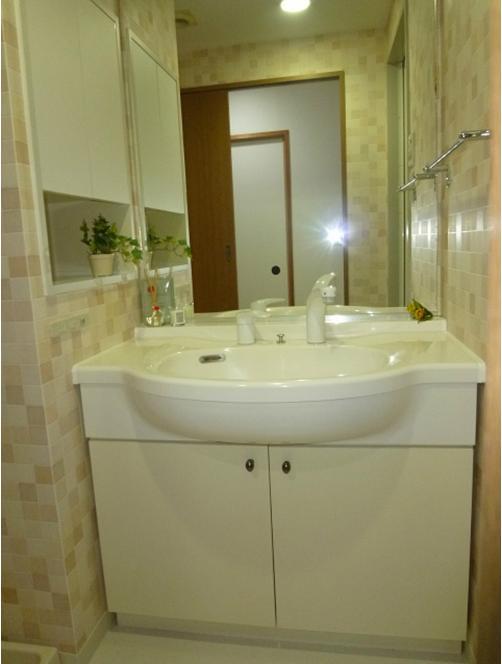 Wash basin, toilet. Three-sided mirror vanity also has had made.