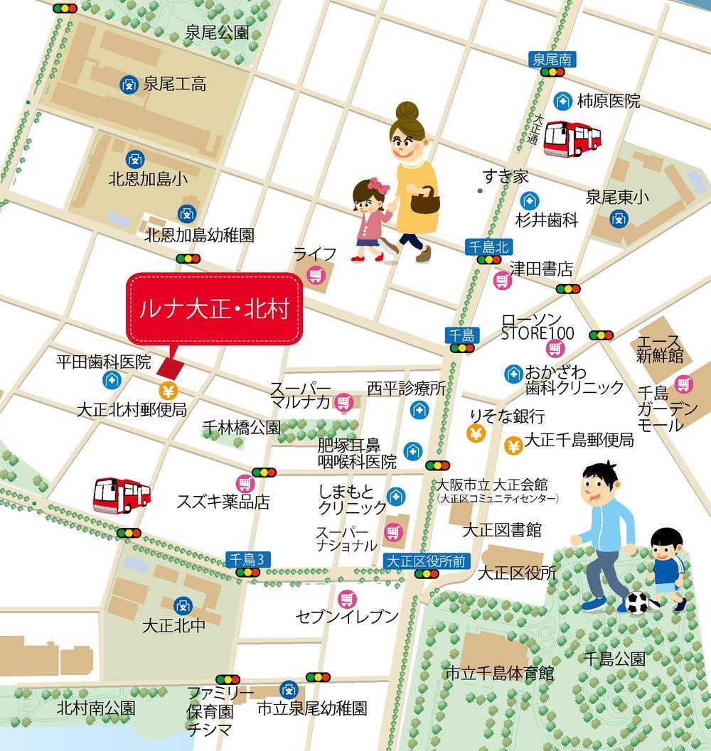 Local guide map. From the bus street continues from the station, Birth in a quiet residential area that contains one step. primary school, Supermarket, Park is set within walking distance, Convenient to child-rearing generation.