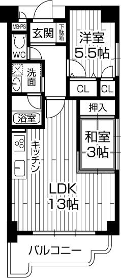 Floor plan. 2LDK, Price 12.8 million yen, Occupied area 52.84 sq m , Balcony area 5.41 sq m
