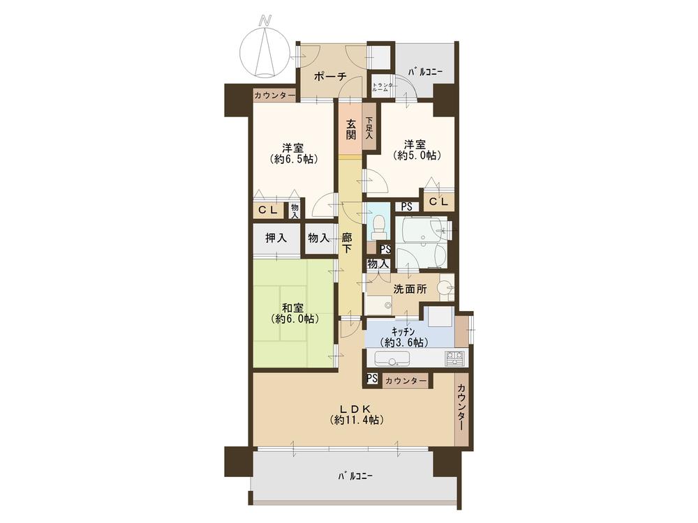 Floor plan. 3LDK, Price 32,500,000 yen, Occupied area 74.75 sq m , Balcony area 13 sq m spacious 3LDK