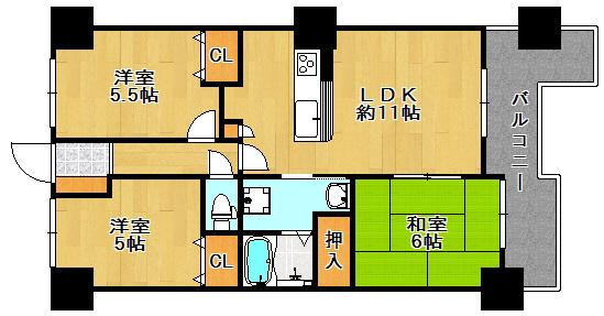 Floor plan. 3LDK, Price 21,800,000 yen, Occupied area 63.41 sq m , Balcony area 11.49 sq m