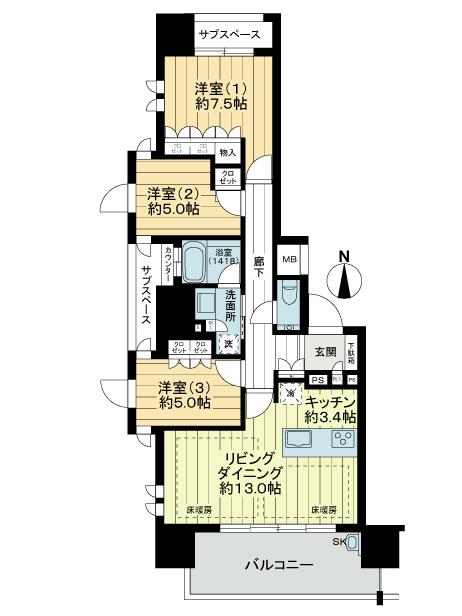 Floor plan. 3LDK, Price 44,800,000 yen, Occupied area 80.18 sq m , Balcony area 12 sq m