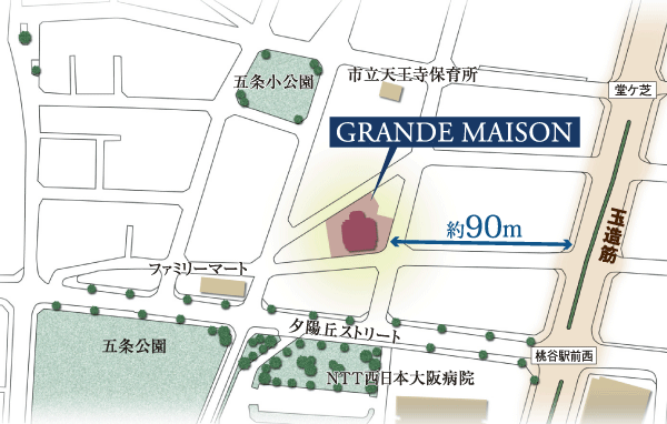 Features of the building.  [Location] Local west of Tamatsukuri muscle, Yuhigaoka Street North, Located in the corner of a quiet residential area in the recessed about 90m from the main street, "the second type of medium and high-rise exclusive residential area.". Taking advantage of the openness of the three-way road, Green many, It has become a relaxed some residential building placement (location illustration)