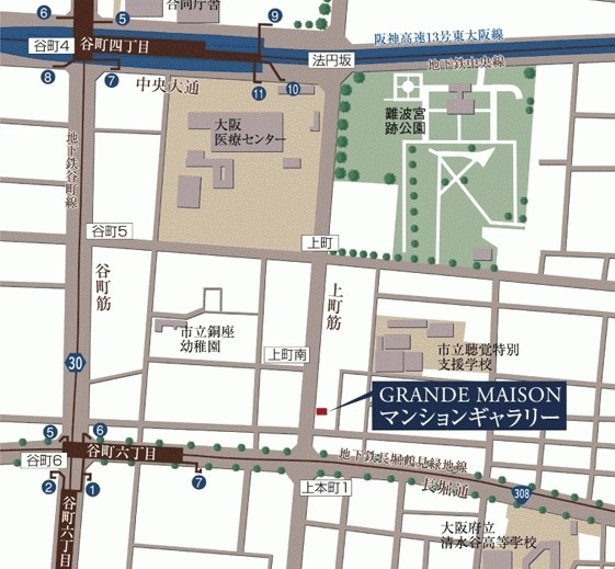 Mansion gallery guide map (Address: Chuo-ku, Osaka above the town A-25 Osaka Uehonmachi building first floor) ※ Facilities in the apartment gallery ・ During the public the concept room specifications, etc. is available for your review. Concept room is different from the actual room and the shape