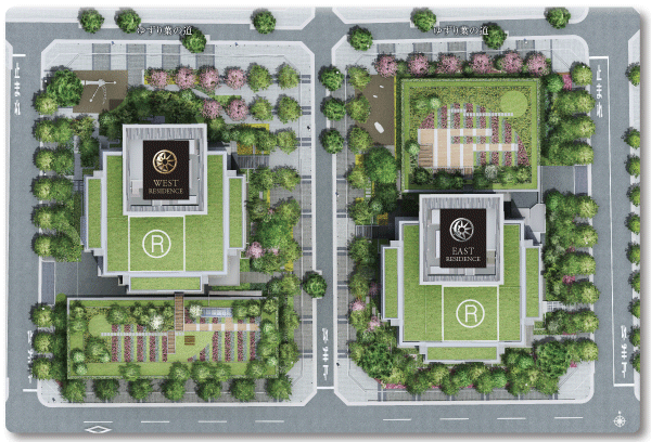 Features of the building.  [Land Plan] East Residence ・ Both West Residence in in airy land plan of the four-way road, Creating a lush urban landscape (site layout)