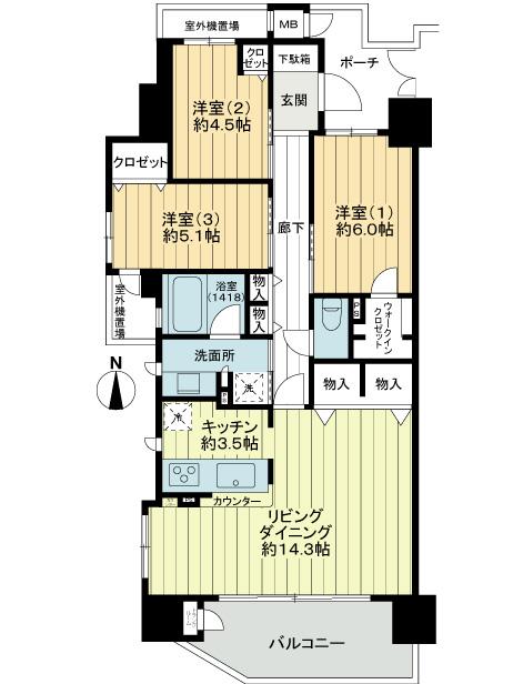 Floor plan. 3LDK, Price 41,800,000 yen, Occupied area 80.06 sq m , Balcony area 9.93 sq m