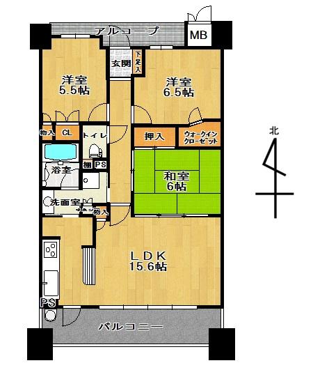 Floor plan. 3LDK, Price 34,800,000 yen, Occupied area 75.79 sq m , Balcony area 14.4 sq m