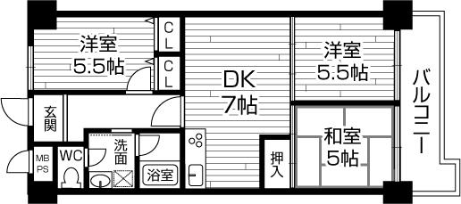 Floor plan. 3DK, Price 13.8 million yen, Occupied area 55.26 sq m , Balcony area 6.16 sq m