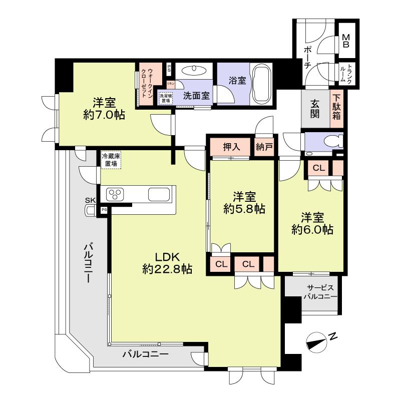 Floor plan. 3LDK, Price 42,800,000 yen, Occupied area 94.09 sq m , Balcony area 17.47 sq m