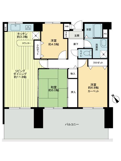 Floor plan. 3LDK, Price 24,800,000 yen, Occupied area 72.46 sq m , Balcony area 28.12 sq m