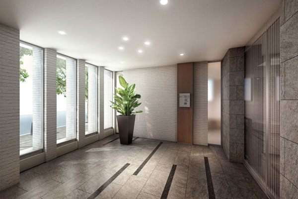 Features of the building.  [Entrance hall] Entrance Hall Tsudoeru hoping the green open spaces, Is elegance in hotel-like finish has been exude (Rendering)