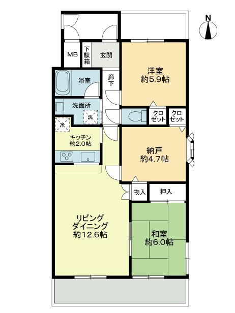 Floor plan. 2LDK, Price 20,600,000 yen, Occupied area 64.78 sq m , Balcony area 13.35 sq m