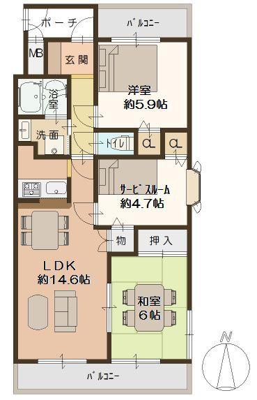 Floor plan. 2LDK + S (storeroom), Price 20,600,000 yen, Occupied area 64.78 sq m , Balcony area 13.35 sq m floor plan